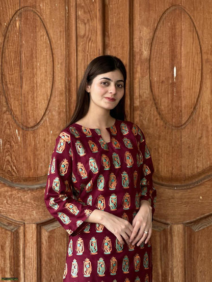 Two PCs women stitched printed Arabic lawn suite shirt and trouser t4trendz