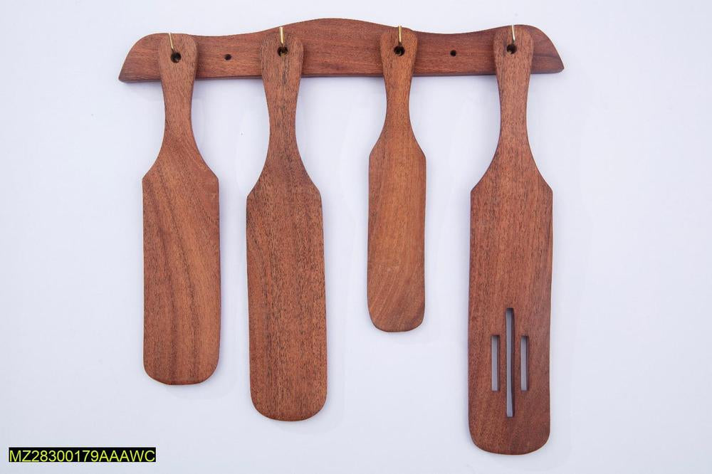 4 PCs wooden spatula spoons set with stand Markaz