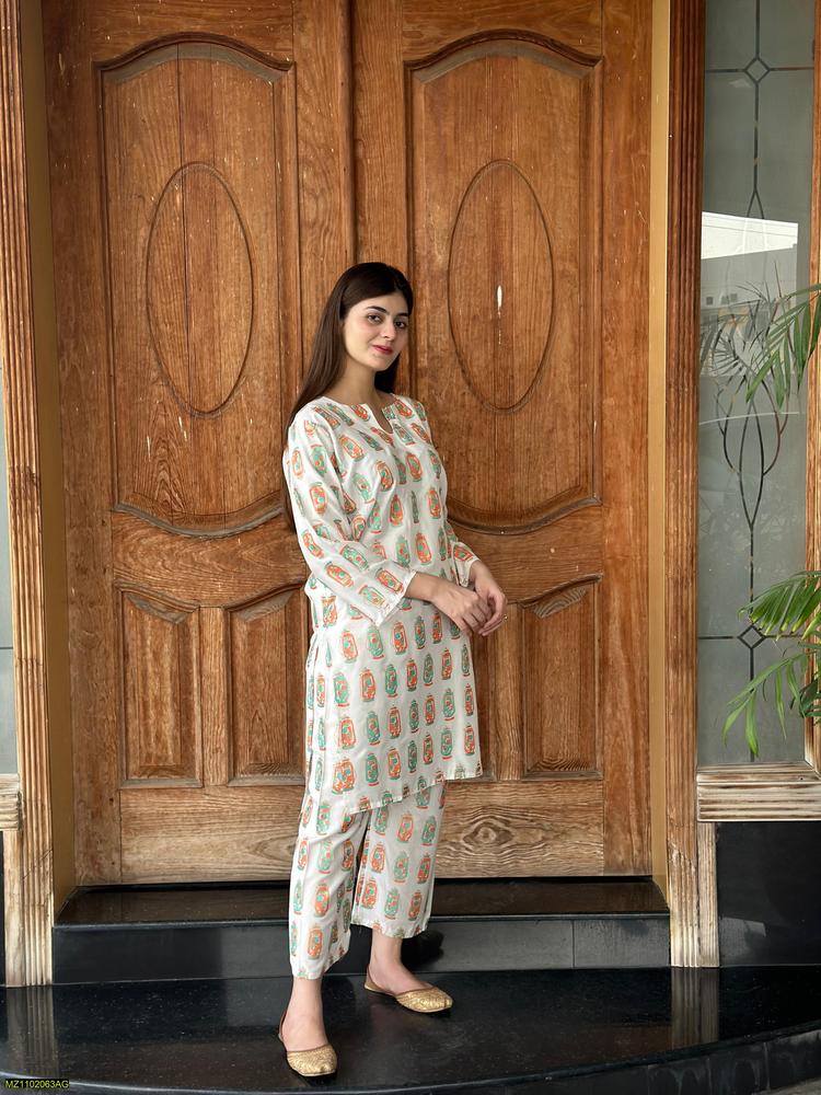 Two PCs women stitched printed Arabic lawn suite shirt and trouser t4trendz